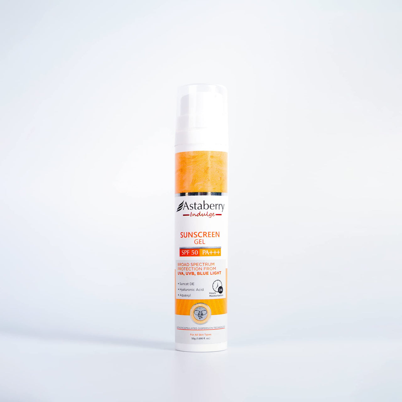 ASTABERRY Indulge Sunscreen Gel Suitable for All Skin Types SPF 50 PA+++ |Broad Spectrum Protection From UVA/B & Blue Light| Suncat DE & No White Cast | Light Weight & Non Greasy- 50G