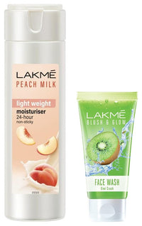 Lakmé Blush & Glow Kiwi Freshness Gel Face Wash, With Kiwi Extracts, 100G And Lakmé Moisturizer Body Lotion, Peach Milk, 200Ml
