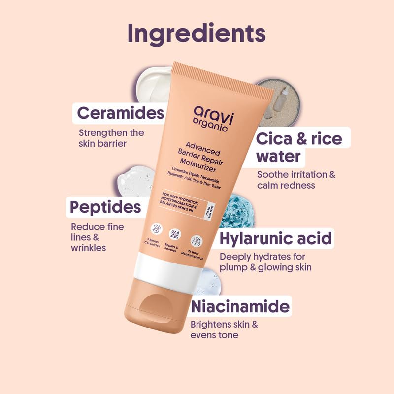Aravi Organic Advanced Barrier Repair Moisturizer - With Ceramide, Peptide, Hyaluronic Acid & Cica - For Deep Moisturizing, Strengthening & Skin Barrier Repair - For All Skin Types - 100 gm