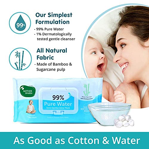 Mother Sparsh 99% Pure Water (Unscented) Baby Wipes I Natural Plant Made Cloth - Super Thick I 72 pcs/Pack - Pack of 5