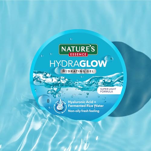 Nature's Essence Hydra Glow Oil free Moisturizer for face, Glowing Skin, light formulation gel infused with Hyaluronic Acid & Fermented Rice Water, Non Sticky, Long Lasting Hydration upto 48Hrs, 100g
