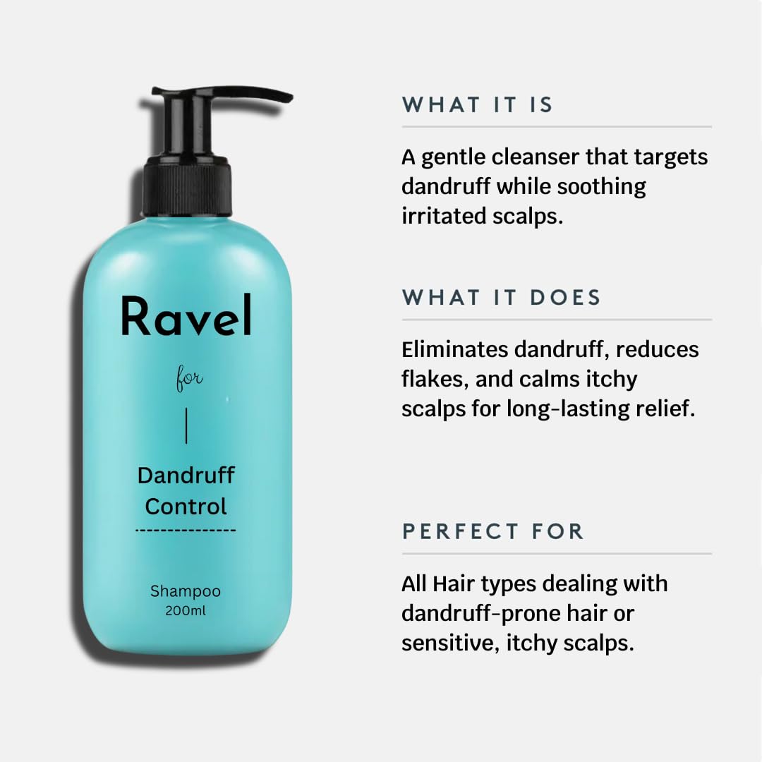 Ravel Anti-Dandruff Shampoo, Fights Flakes & Soothes Scalp Irritation, Reduces Itchiness & Prevents Dandruff, For All Hair Types, Men & Women - 200ml
