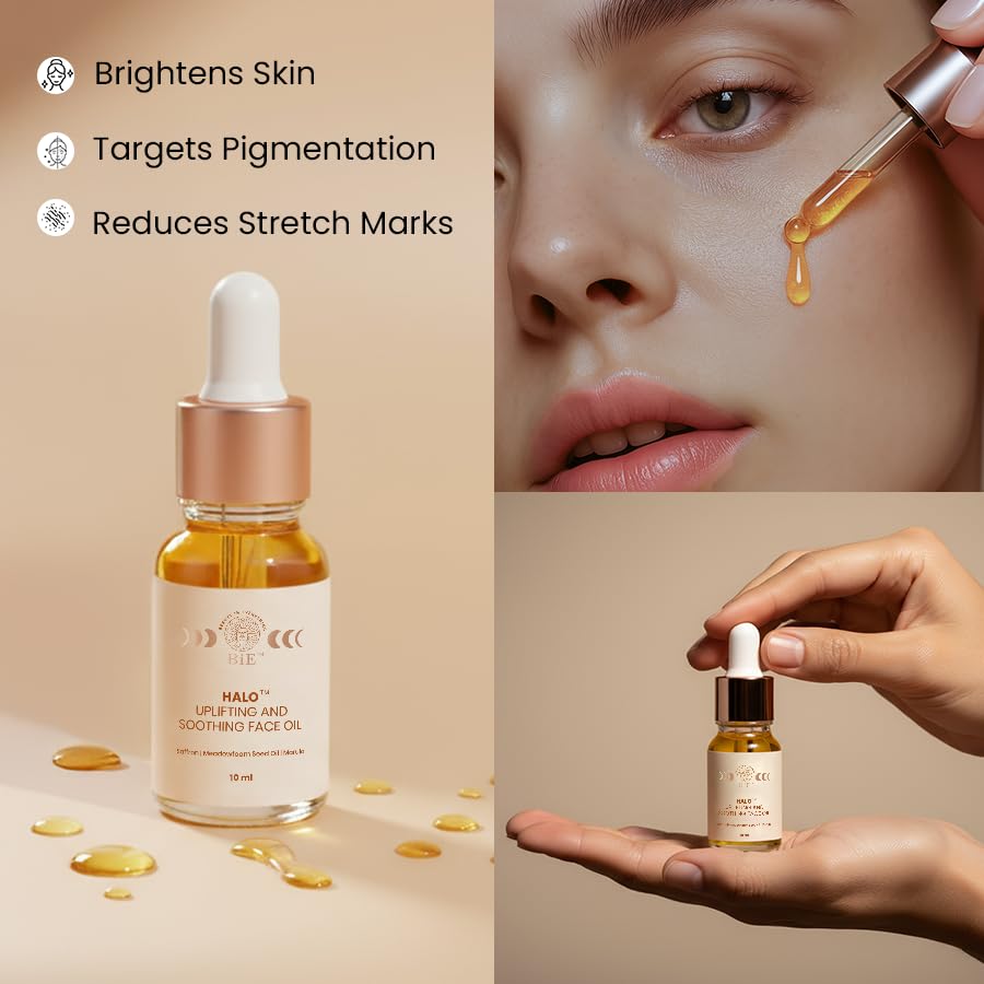 BiE Halo Uplifting & Soothing Face Oil | Pure Saffron Facial Oil | Brightens Skin, Targets Pigmentation & Wrinkles, Stretch Marks | For Dry to Normal Skin | Non Greasy & Pure Kumkumadi Tailam | Unisex | 10ml