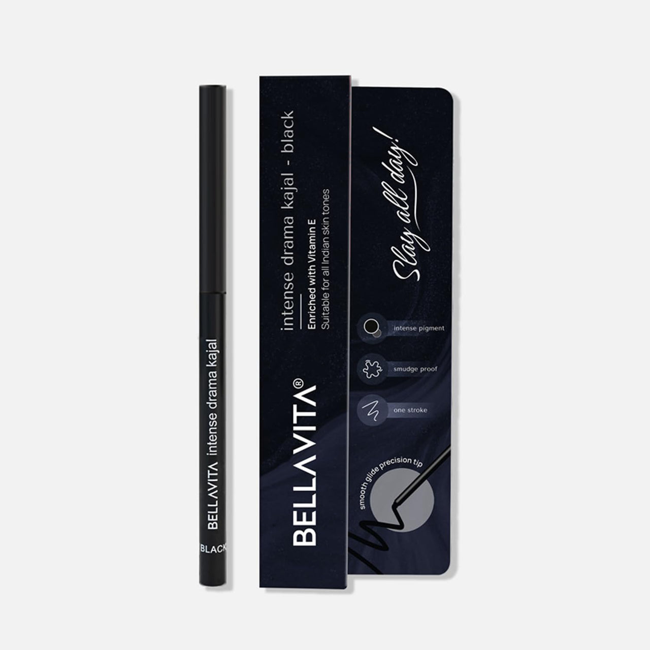 BELLAVITA Intense Drama Kajal, Black, Intense Pigment, Smudge-Proof, Long Lasting, Enriched with Vitamin E & Almond Oil, Glossy, 0.3 g
