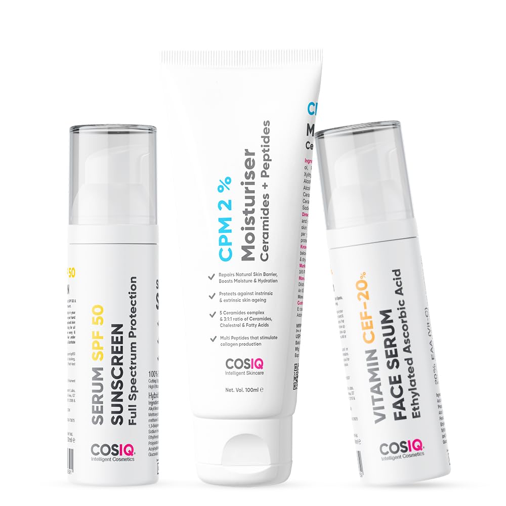 Cos-IQ Glow & Protect Skincare Kit | 2% Ceramides Peptides, 20% Vitamin C Serum & Sunscreen Spf50 | Premium Gift Set for Women & Men | Barrier Repair Moisturizer for All Skin Types