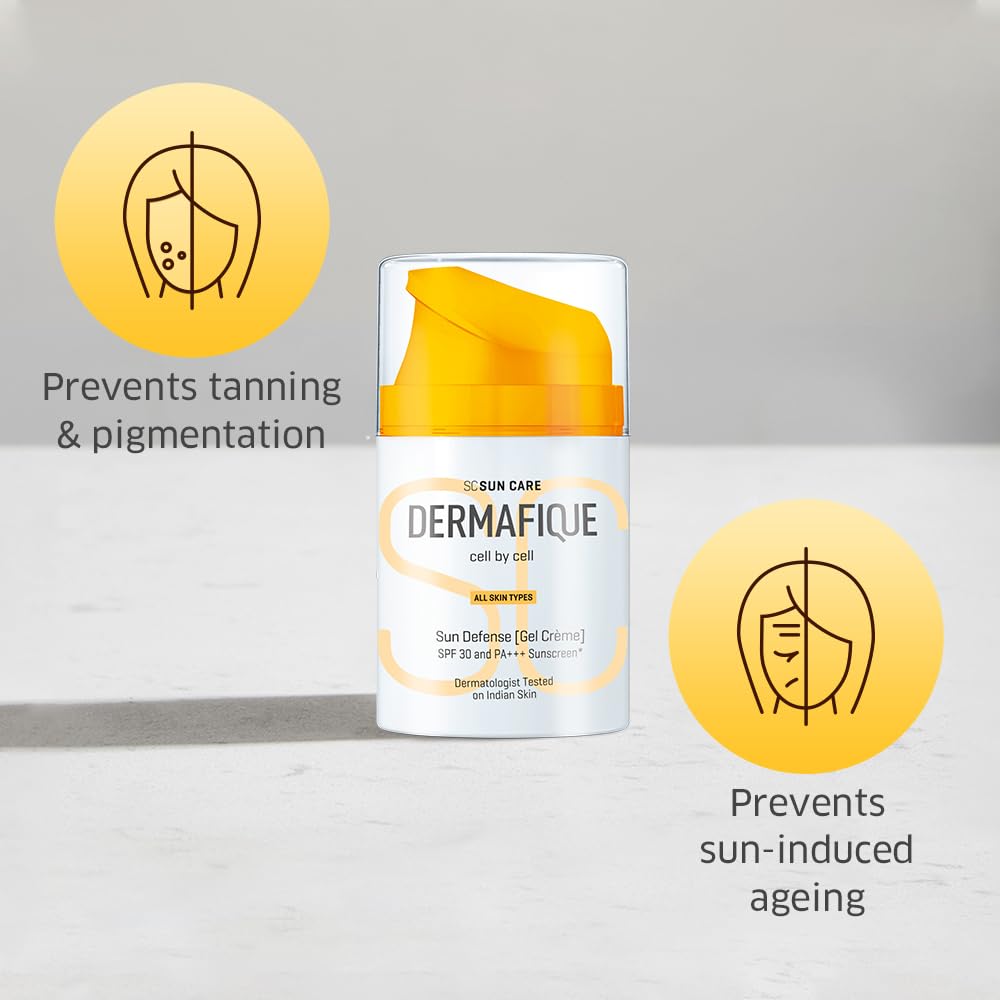 Dermafique Sun Defense Gel Crème, SPF 30, PA +++ Sunscreen 50g, All Skin Types, 360° Sun Spectrum Protection, Prevents Tanning, Pigmentation & Photoaging, UVA,UVB, IR & Visible Light Protection, Dermatologist Tested on Indian Skin, for Men & Women