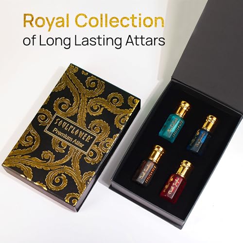 Soulflower Premium Attar Set Alcohol Free luxury Perfume Roll On Gift Hamper for Men & Women, Combination of Fragrance Oudh, Musky, Woody, Floral, Amber, Fresh & Spicy, Set of 4 (5ml Each)