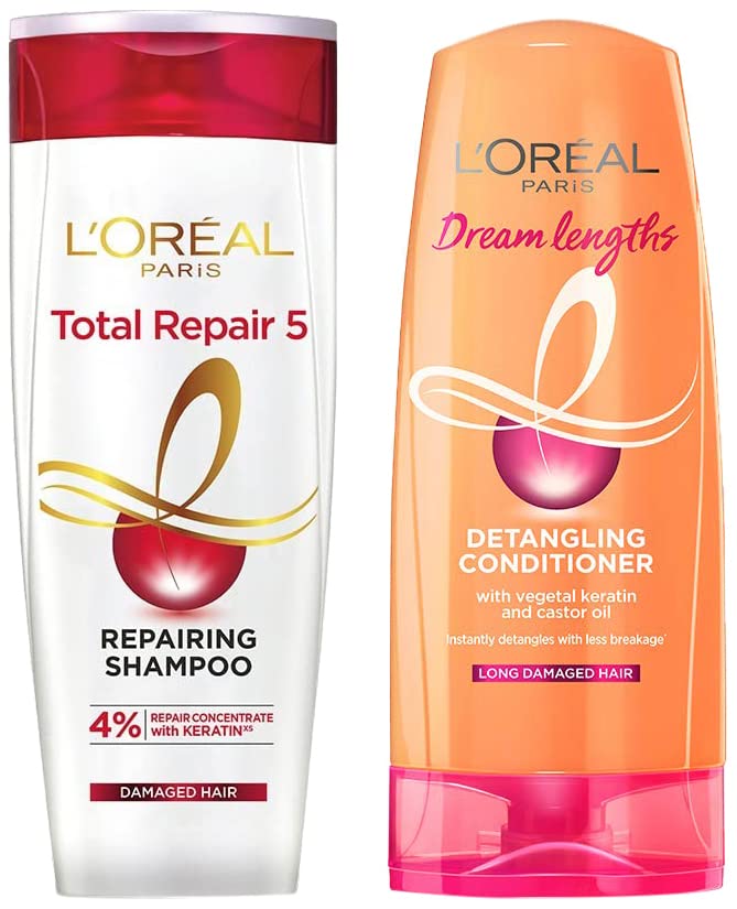 L'Oreal Paris Total Repair 5 Repairing Shampoo with Keratin XS, 396ml & L'Oreal Paris Dream Lengths Conditioner, 192.5 ml