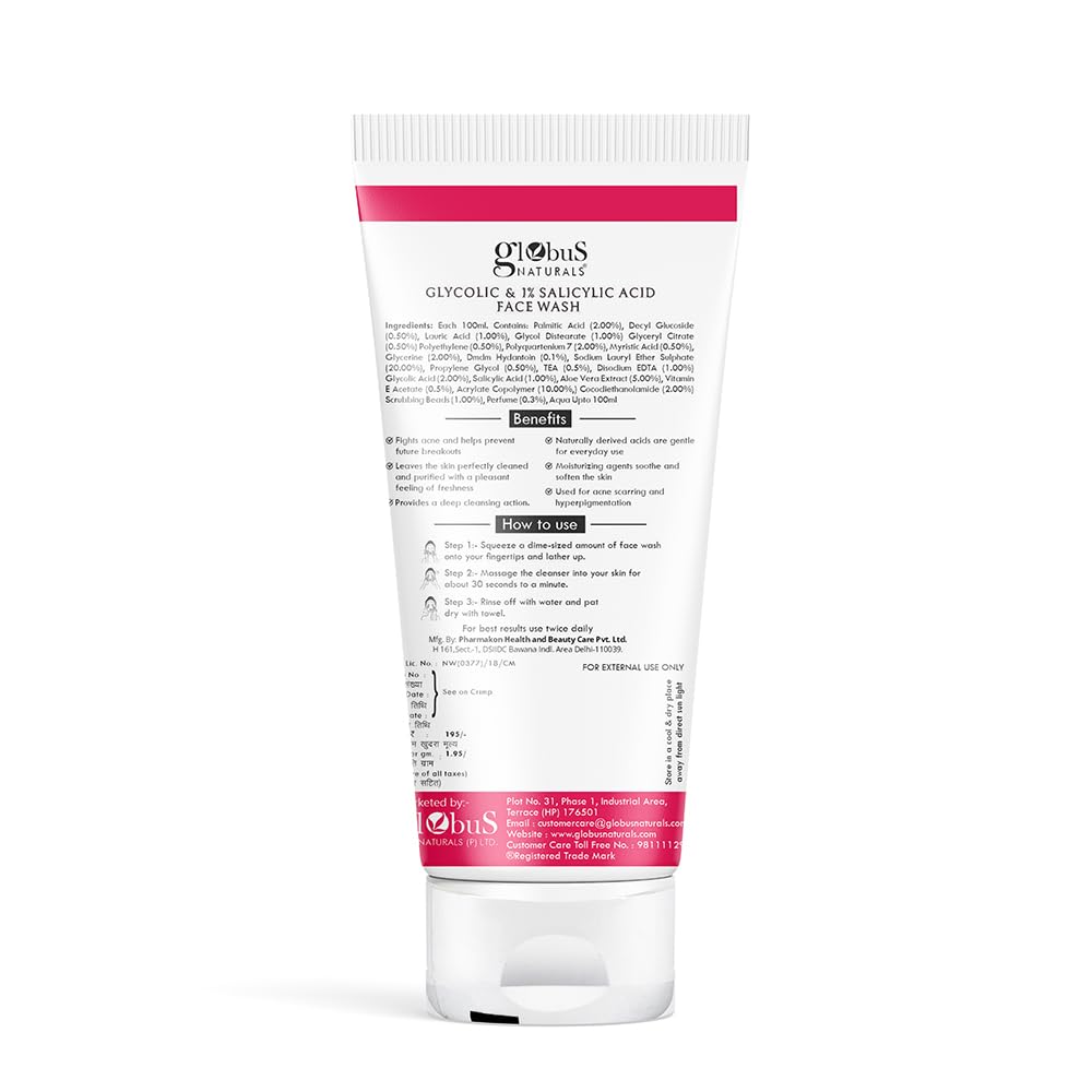 Globus Naturals Glycolic & 1% Salicylic Acid Herbal Anti Acne Face Scrub, Enriched with Liquorice & Oats, Deep Pore Cleansing & Oil Control, Reduces Dark spots & Hyperpigmentation, 100 gm
