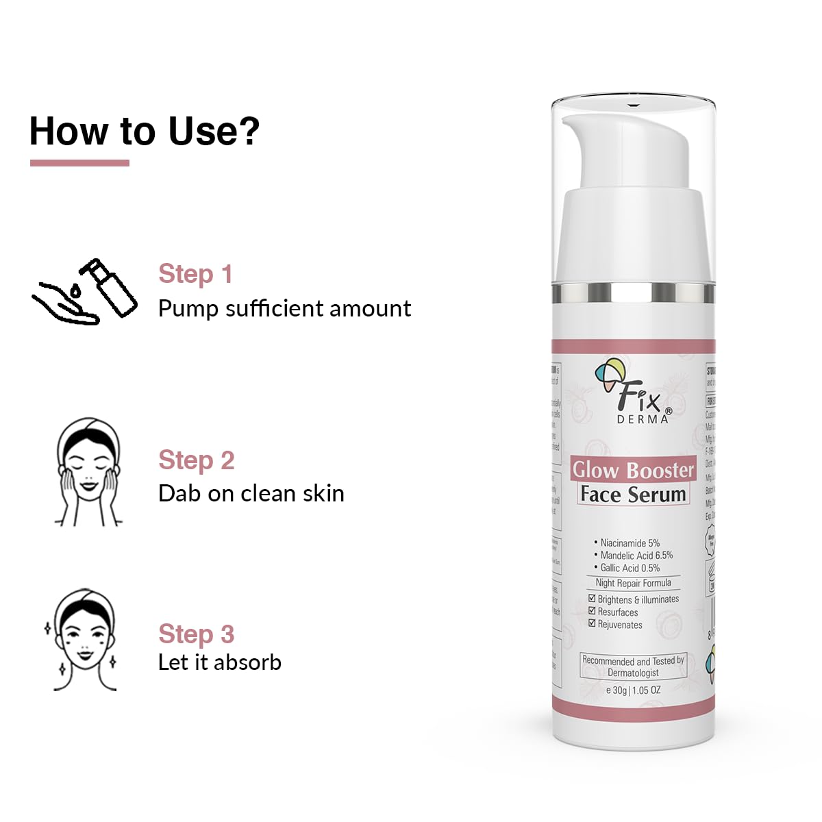 Fixderma 5% Niacinamide Serum Glow Booster Face serum with 6.5% Mandelic Acid & 0.5% Gallic Acid | Skin Brightening Serum | Face Serum for Men & Women - 30g