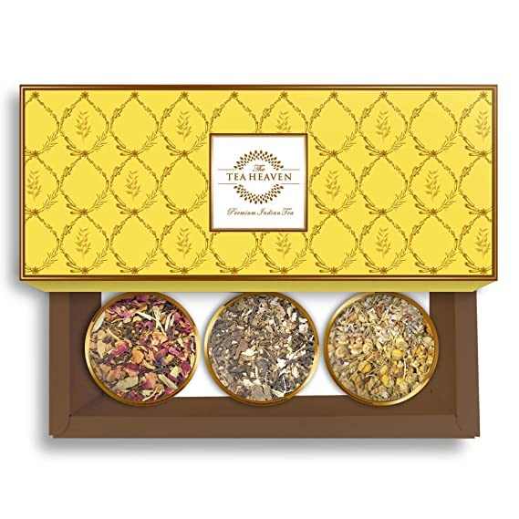 The Tea Heaven | Tea Gift - 3 Assorted Teas Box (Set of 3) | Healthy Gift | Kashmiri Kahwa | Lavender | Moroccan Mint Green Tea | 80 Grams