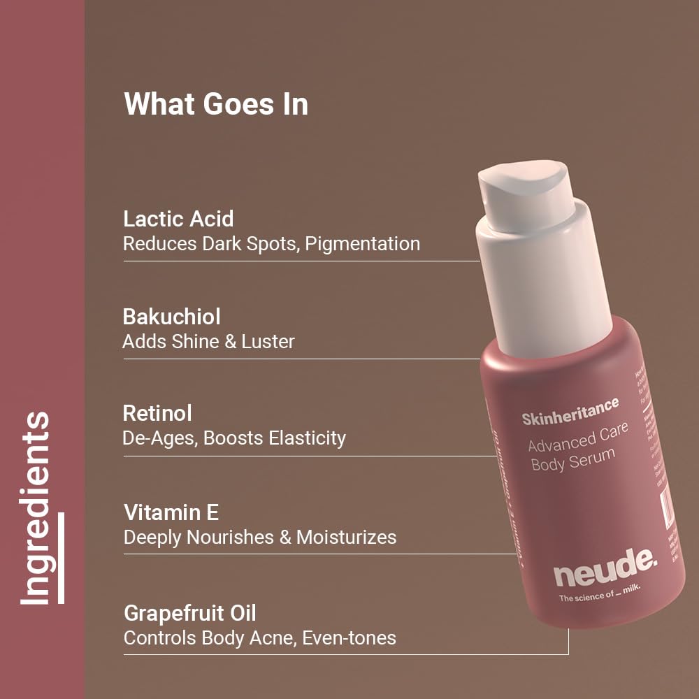 Neude Skinheritance Hydrating & Firming Glow Body Serum 50ml with Bakuchiol Retinol & Vitamin E for Men & Women All Skin Types Paraben-Free Sulphate-Free for Smooth Radiant Skin