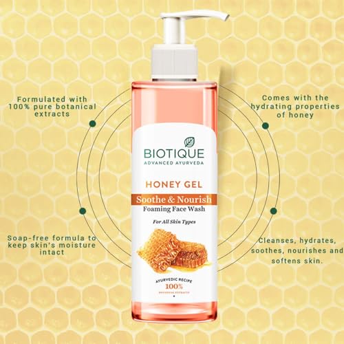 Biotique Honey Gel Soothe & Nourish Foaming Face wash | Soap Free Formula | Reduce Dryness | 100% Botanical Extracts | Suitable for All Skin Types | 200ml