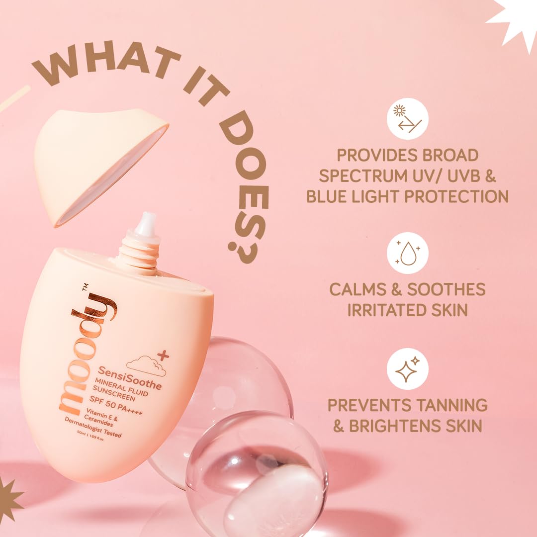 Moody SensiSoothe Mineral Brightening Sunscreen Serum With Ceramides & Rice | SPF 50 PA++++ for All Skin Types | No White Cast, Non-Comedogenic, Dermatologist Tested - 50ML