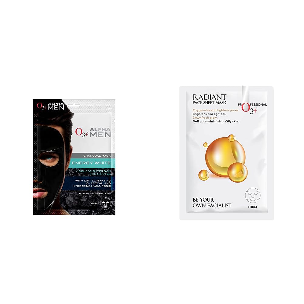 O3+ ALPHA MEN Energy White Charcoal Face Sheet Mask 30g with Charcoal & Hydrating Hyaluronic to Purify & Brighten Skin & O3+ Facialist Radiant Face Sheet Mask (30g) Combo