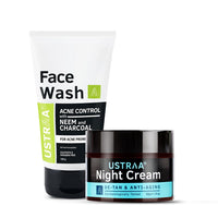 Ustraa Face Wash Acne Control - With Neem & Charcoal - 100g - Oil control, Prevents Acne & Night Cream - De-Tan & Anti-aging Cream for Men - 50g | for Effective Tan Removal