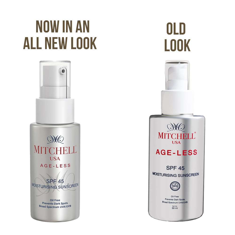 Mitchell USA Ageless Age Prevention SPF 45 - Anti-aging Sunscreen for Face| Protection from UVA,UVB | For Smooth & Soft Skin| Vitmain E, Soyabean Extract, Grapes Seed Extract |All Skin Types| Mens and Women| 50ml