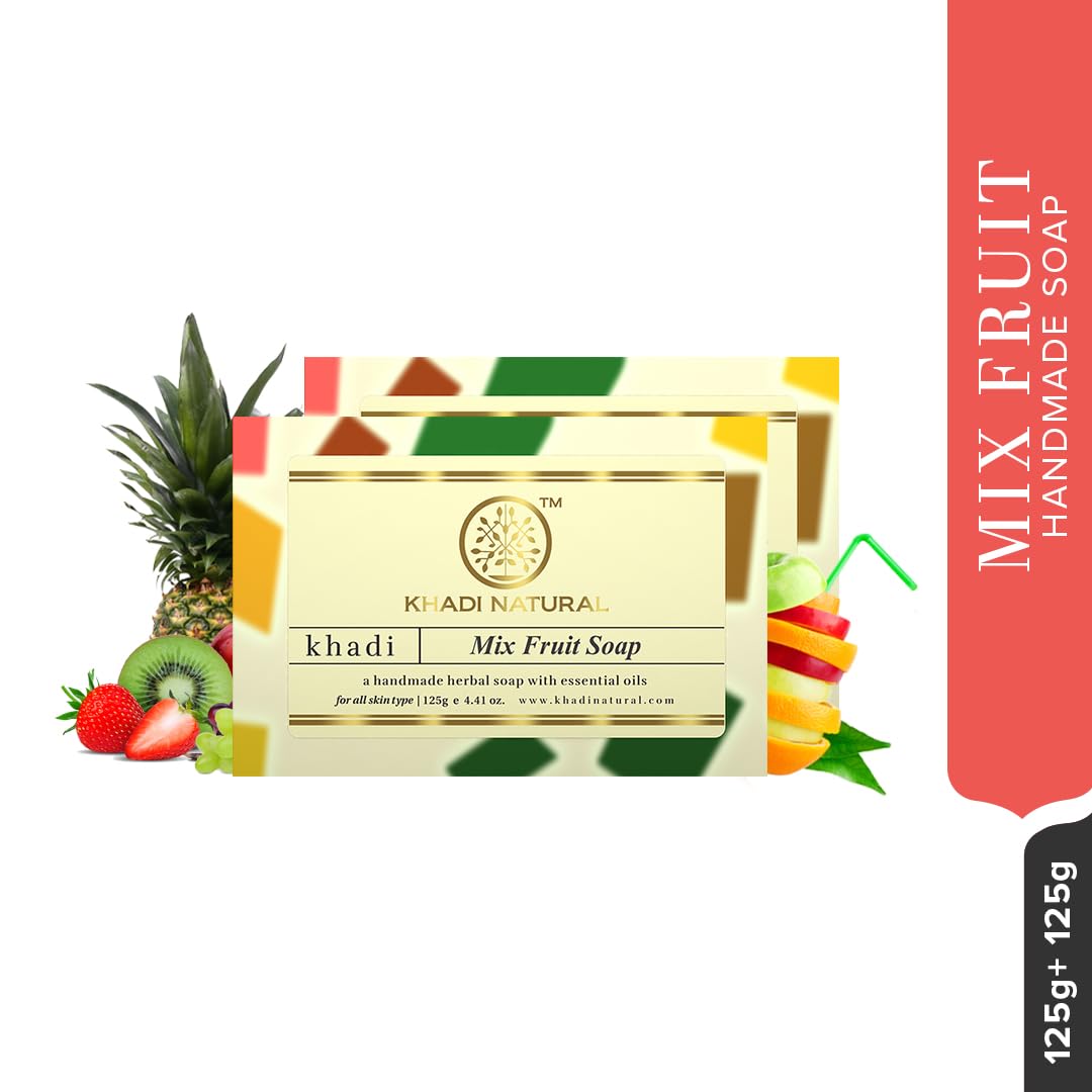 Khadi Natural Mix Fruit Soap, 125g|Herbal Bathing Soap for Glowing Skin | Natural Soap with Essential Oils | Deeply moisturizes skin | Suitable for All Skin Types|Pack of 2
