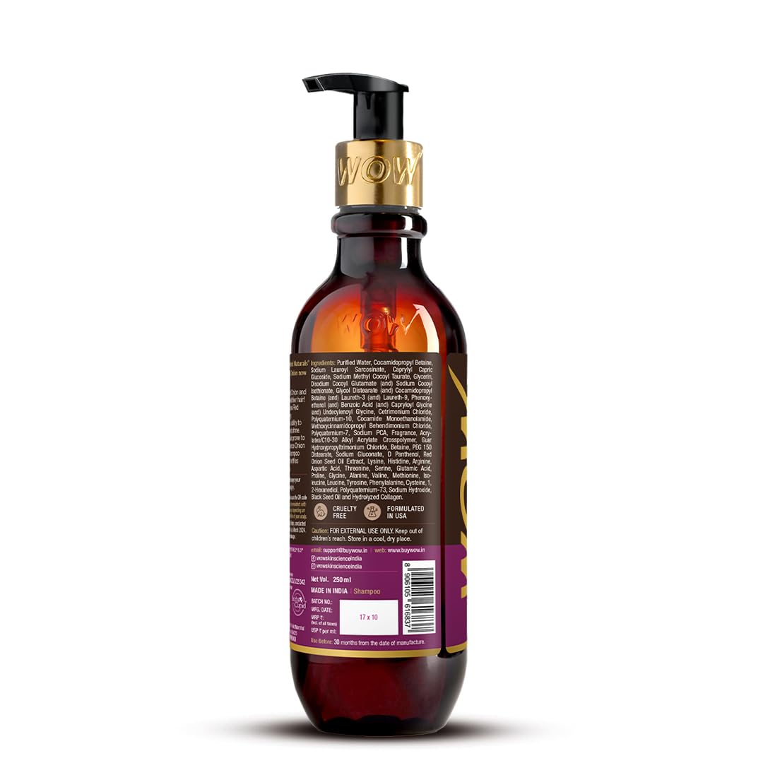 WOW Skin Science Red Onion Black Seed Oil Shampoo With Red Onion Seed Oil Extract, Black Seed Oil & Pro-Vitamin B5 - No Parabens, Sulphates, Silicones, Color & PEG - 250mL