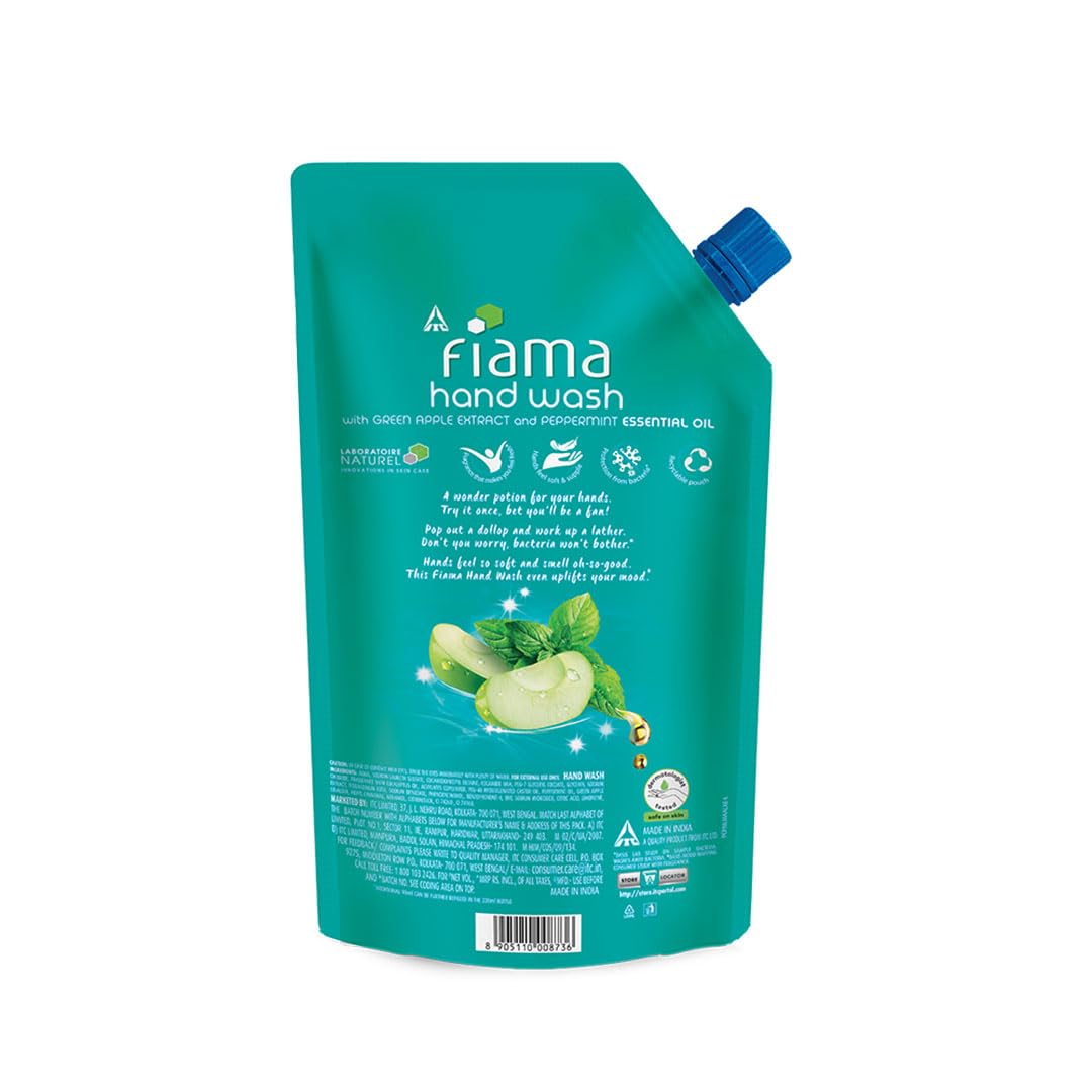Fiama Fresh Hand Wash, 750 ml Refill Pack, Value Pouch, Peppermint Oil & Green Apple Extract Handwash, for Soft & Supple Hands