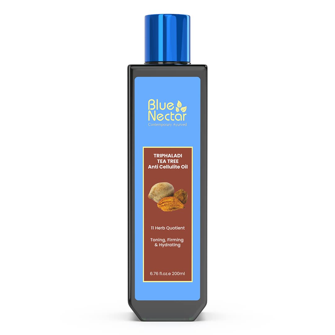 Blue Nectar Anti Cellulite Body Massage Oil with Ginger, Triphala & Tea Tree Essential Oil | Plant Based Body Oil for Women & Men for Skin Hydration (11 Herbs, 200ml)