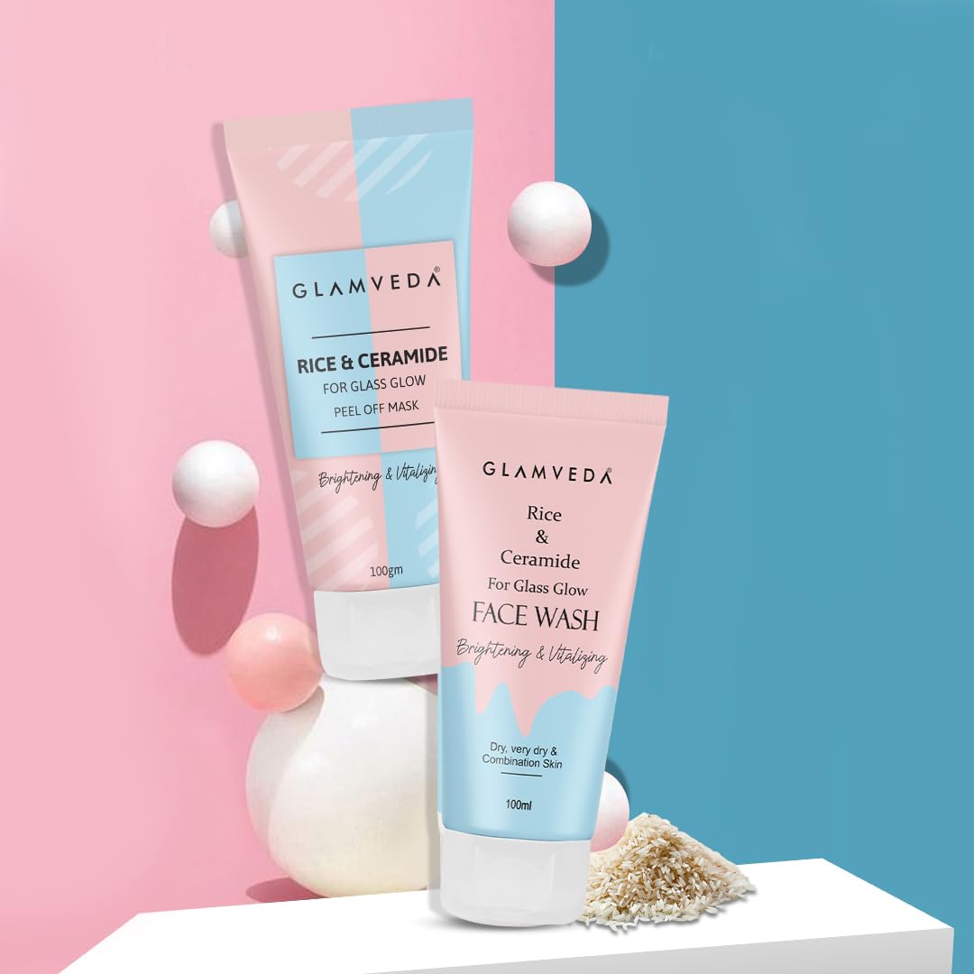 Glamveda Rice & Ceramide Combo | Skin Brightening & Anti Dullness | Improves skin barrier | Suitable For Dry to Combination Skin types | Face Wash & Peel Off Mask Combo