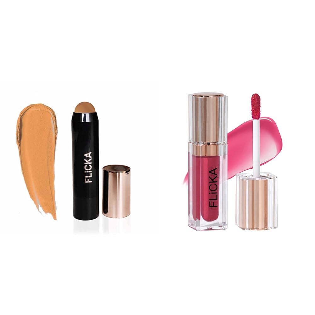 FLiCKA Masterstroke Makeup Stick Foundation to Conceal & Cover, Full Coverage | Enriched With Almond, Avocado Oil & SPF | All Skin Types | 04 Walnut, 8g Shimmery Affair Lip Gloss 6 Gin Baby Pink 5ml