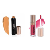 FLiCKA Masterstroke Makeup Stick Foundation to Conceal & Cover, Full Coverage | Enriched With Almond, Avocado Oil & SPF | All Skin Types | 04 Walnut, 8g Shimmery Affair Lip Gloss 6 Gin Baby Pink 5ml