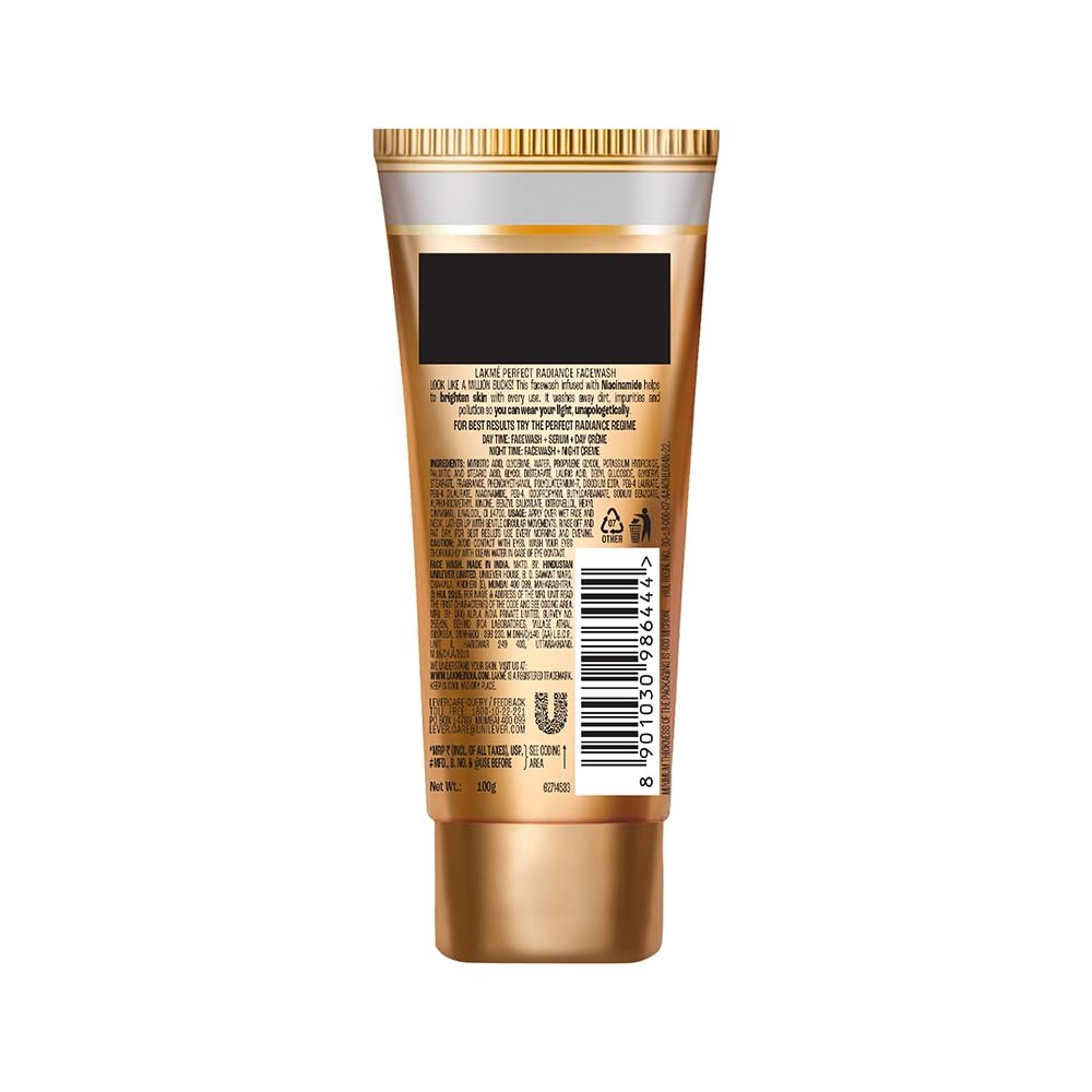 Lakmé Perfect Radiance Brightening Facewash With 98% Pure Niacinamide Complex | For Glowing Skin With Glycerin | Known To Reduce Pigmentation | 100Gm