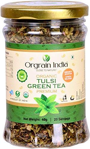 Orgrain India Certified Organic Tulsi Green Tea, 80g (Pack of 2*40g) | Stress Relieving & Energizing, Immune Support, Adaptogen, Vegan, Gluten-Free