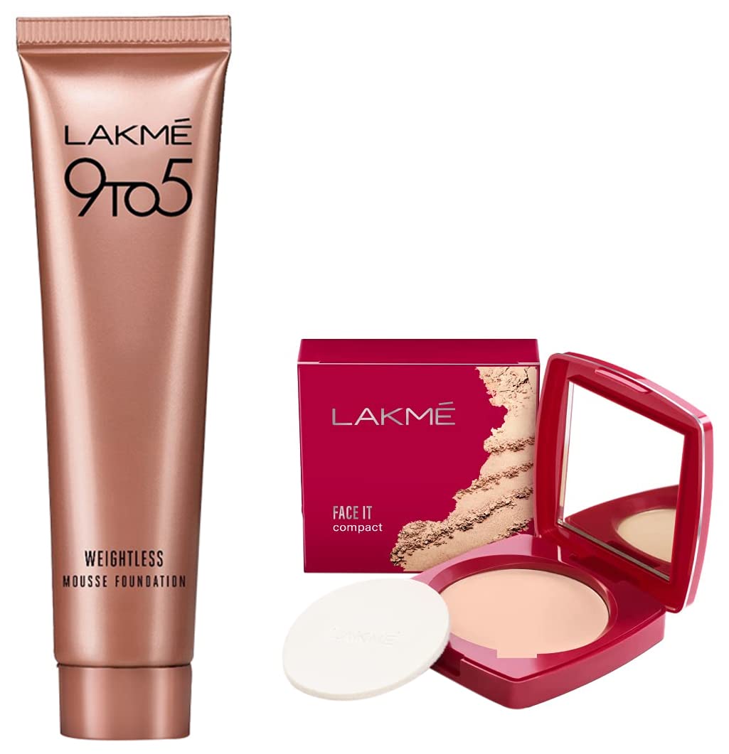 Lakmé 9 To 5 Weightless Mousse Foundation Mini, For All Skin,Beige Vanilla, Natural Matte Finish Cream Foundation, Long Lasting Full Coverage Face Makeup, 6g & Face It Compact, Pearl, 9g
