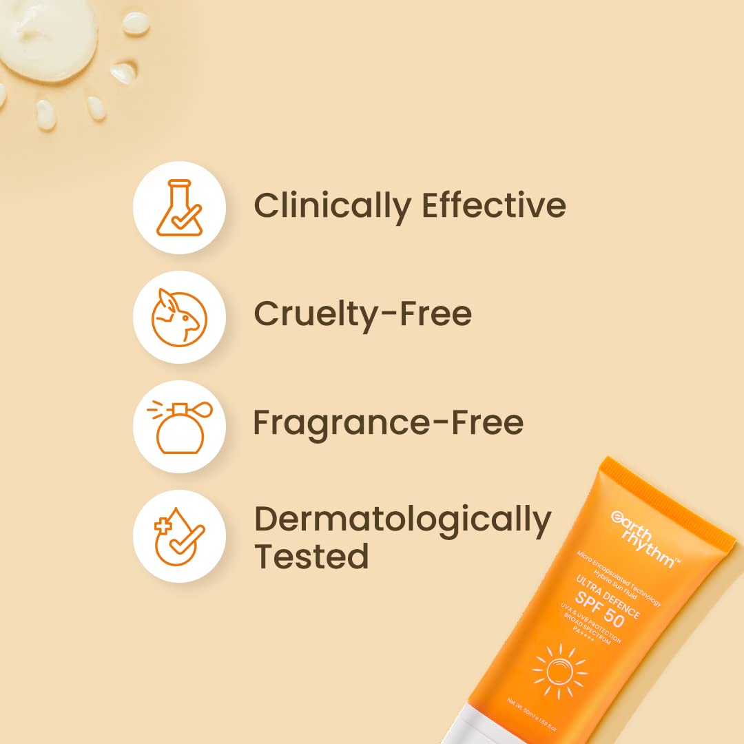 Earth Rhythm Ultra Defence Hybrid Sunscreen SPF 50 | PA++++ UVA/B Borad Spectrum, Lightweight, No White Cast Non Sticky/Non Greasy | For Men & Women - 50ml