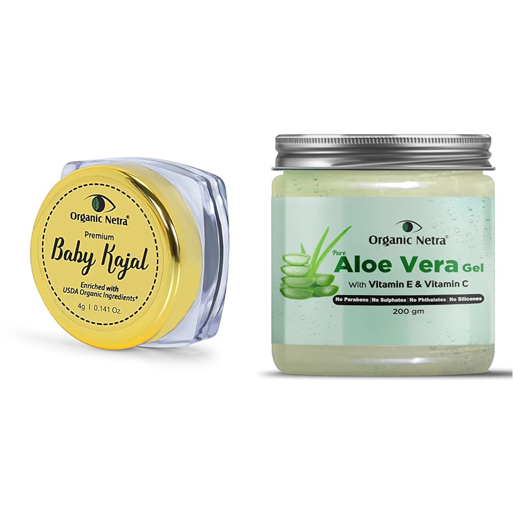 Organic Netra Baby Kajal Water Resistant, Smudgeproof 4g and Organic Netra Pure Aloe Vera Gel- 200 Gm