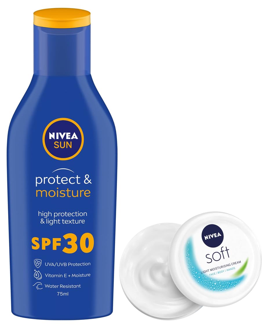 Nivea Sun Lotion, Spf 30, Water Resistant Sunscreen, All Skin Type For Men & Women, 75Ml & Soft Light Moisturizer For Face, Hand & Body, Non-Greasy Cream With Vitamin E & Jojoba Oil, 200 Ml