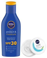 Nivea Sun Lotion, Spf 30, Water Resistant Sunscreen, All Skin Type For Men & Women, 75Ml & Soft Light Moisturizer For Face, Hand & Body, Non-Greasy Cream With Vitamin E & Jojoba Oil, 200 Ml