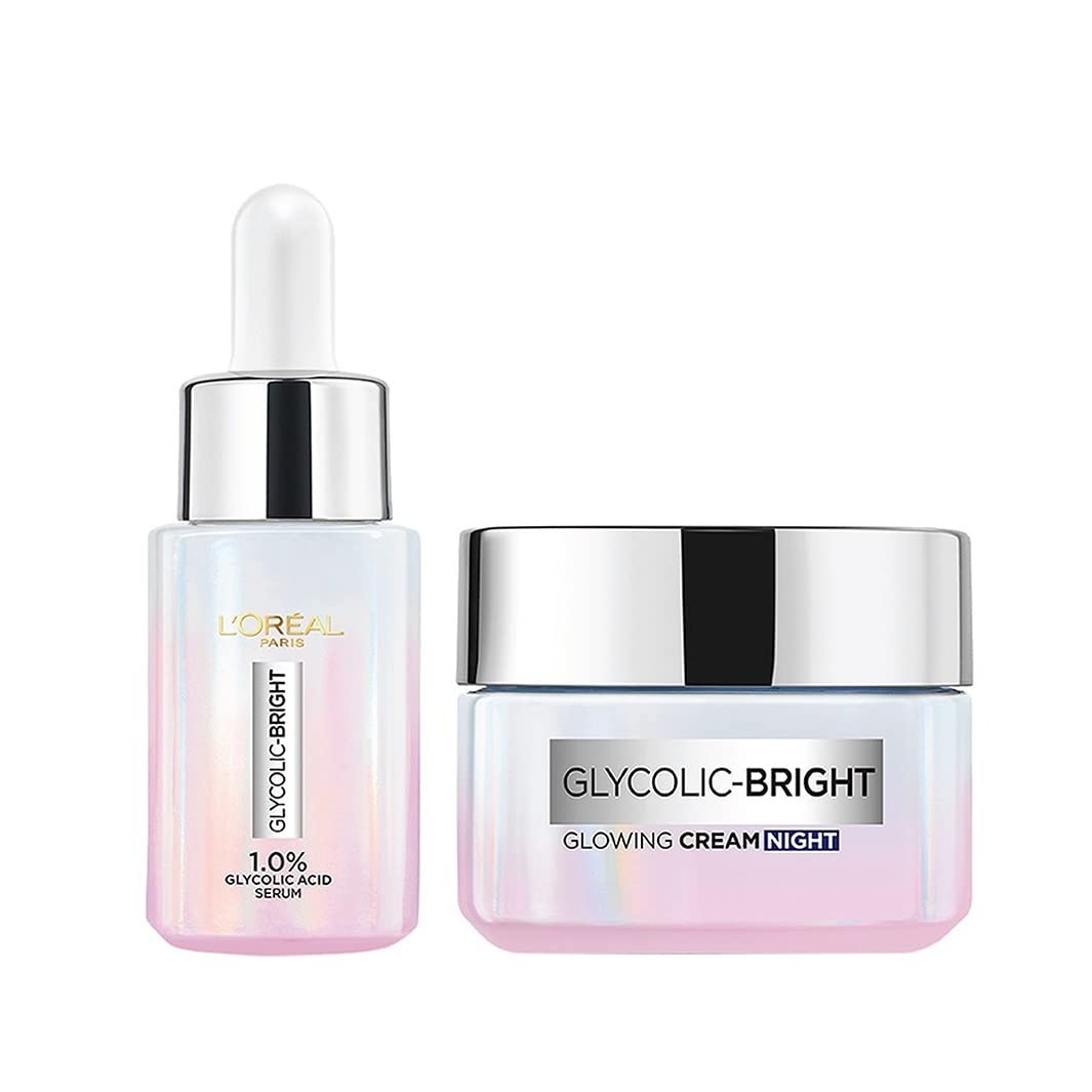 L'OREAL PARIS Glycolic Bright Skin Brightening Serum, 15ml 1% Glycolic Acid For Dark Spots, Pigmentation & Uneven Skin Tone & Glycolic Bright Glowing Night Cream, 15ml For All Skin Type (Pack Of 2)