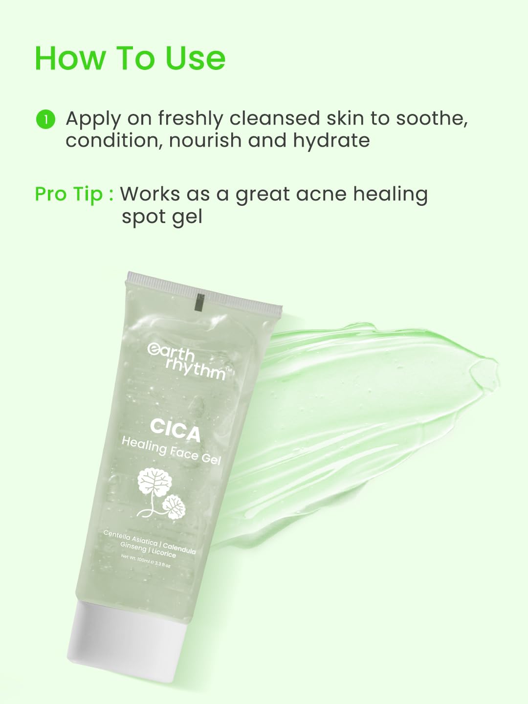Earth Rhythm Cica Gel with Centella Asiatica, Calendula, Ginseng & Licorice, for Oily, Acne Prone Skin & Sensitive Skin Type -100gm (New Packaging)