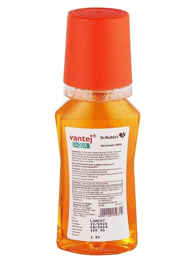 Dr. Reddy's Vantej Aqua Advanced Protection Mouthwash | Perfect for Sensitive Teeth | Fast Acting Pain Relief in Just 3 Days | Fresh Minty Breath | 100 ml.