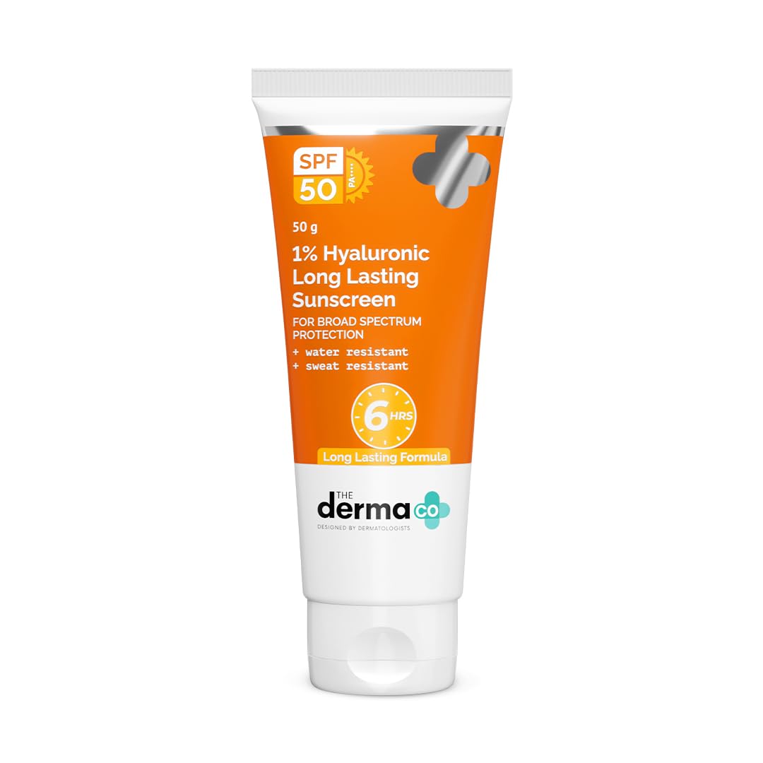 The Derma Co 1% Hyaluronic Long Lasting Sunscreen Spf 50 Pa++++|With Hyaluronic Acid & Vitamin E|For Broad Spectrum|Upto 6H Sun Protection|Water & Sweat Resistant|No Reapplication Needed|50G, All