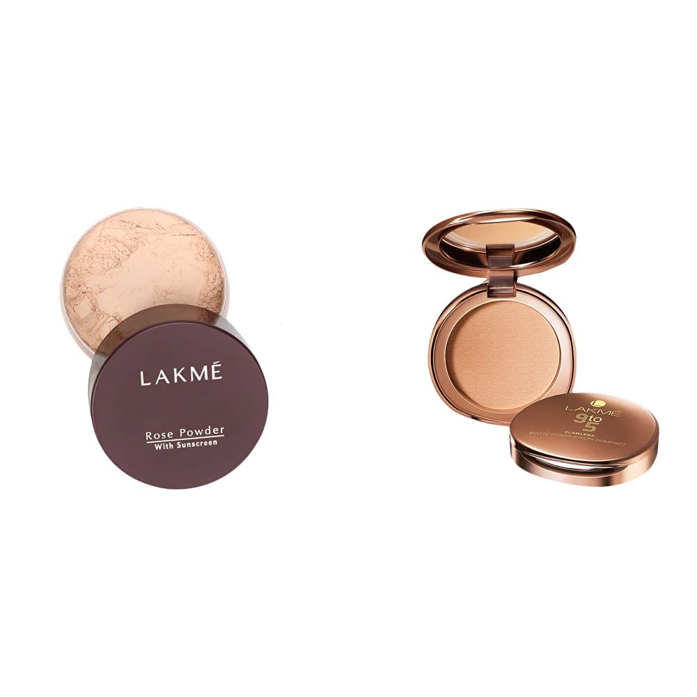 LAKMÉ © Rose Face Powder for Oily Skin Type, Soft Pink, 40G And 9 To 5 Flawless Matte Complexion Compact, Melon, 8G