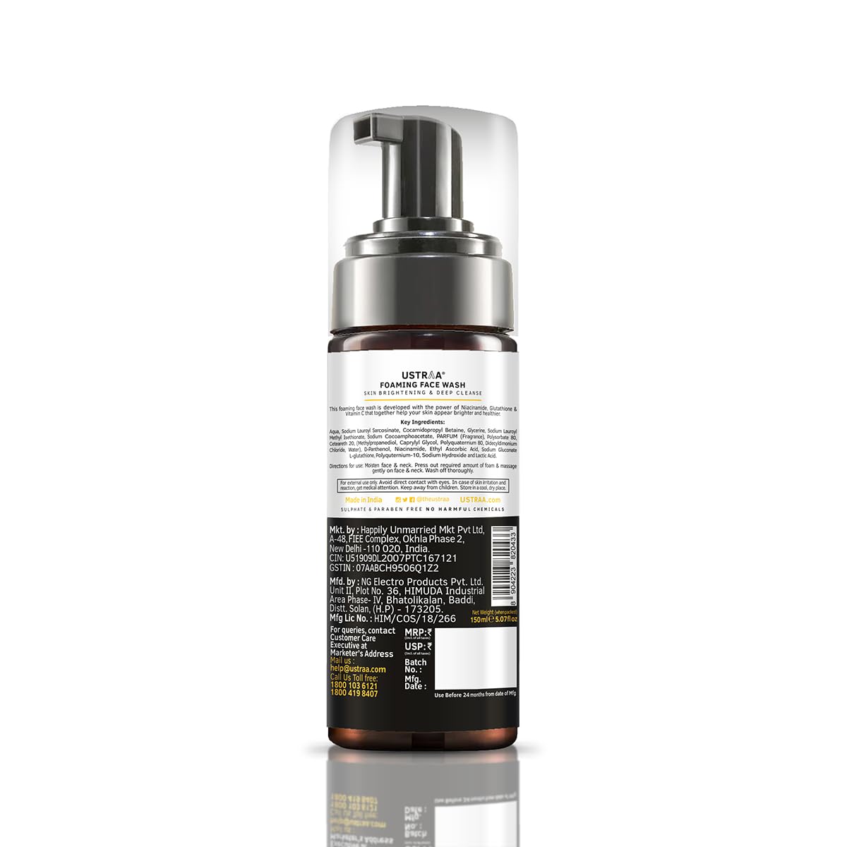 Ustraa Foaming Face Wash - 150ml - Skin Brightening & Deep Cleanse | with Glutathione & Vitamin C | Helps in Effective Removal of Dirt & Tan | Hydrates Skin | NO SLS, NO PARABEN