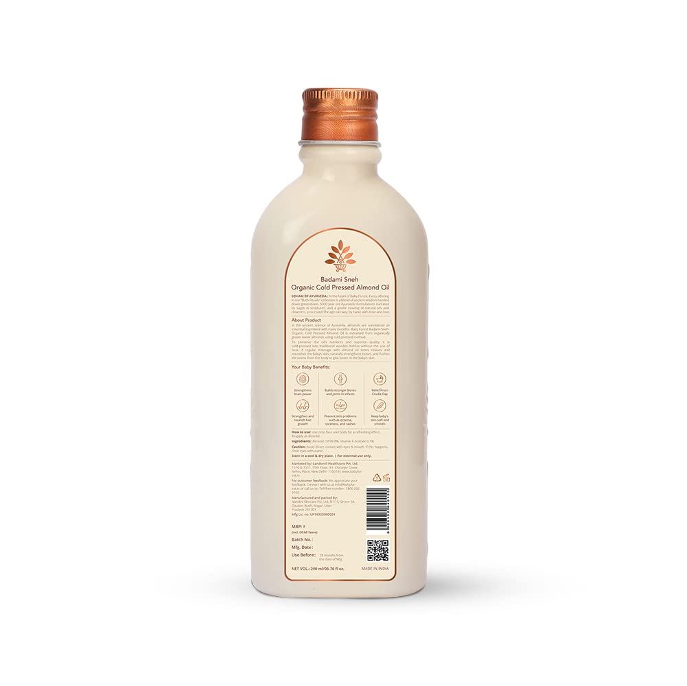 Baby Forest Badami Sneh Organic Cold Pressed Almond Oil | Derma safe | Cold Pressed Almond Oil for All Types of Baby Hair & Skin | BPA & Cruelty-Free | 200 ml
