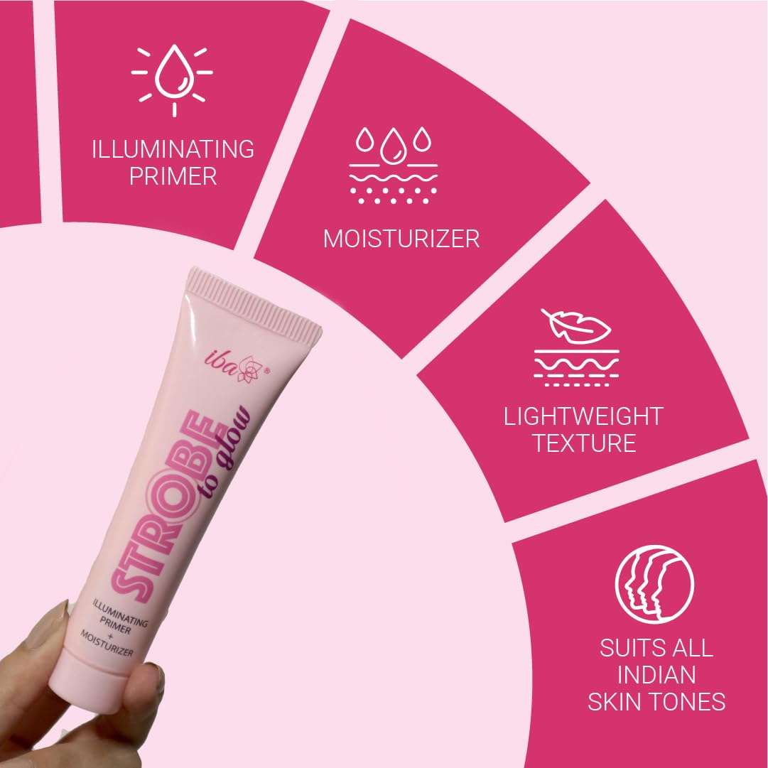 Iba Strobe to Glow Illuminating Primer + Moisturizer, 25gm | Skin Radiance Cream + Highlighter for Face | For Dewy Instant Glow | Boosts Hydration | Enriched Vitamin C | For All Skin Types | Halal Certified & Vegan Makeup