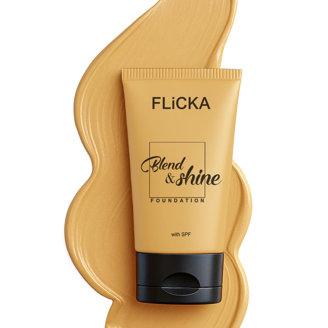 FLiCKA Blend and Shine Liquid Foundation for Face Makeup 30ml | Medium to High Coverage | Vitamin E, Avocado Oil & SPF | Moisturizing, Lightweight, Waterproof | All Skin Types | 02 Beige