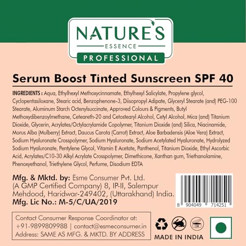 Nature's Essence Professional Serum Boost Tinted Sunscreen SPF 40 PA+++ Infused with Vitamin C & 4D Hyaluronic Acid Prevents Pigmentation & Photo Aging, UV A, UV B & Blue Light Protection 80gm