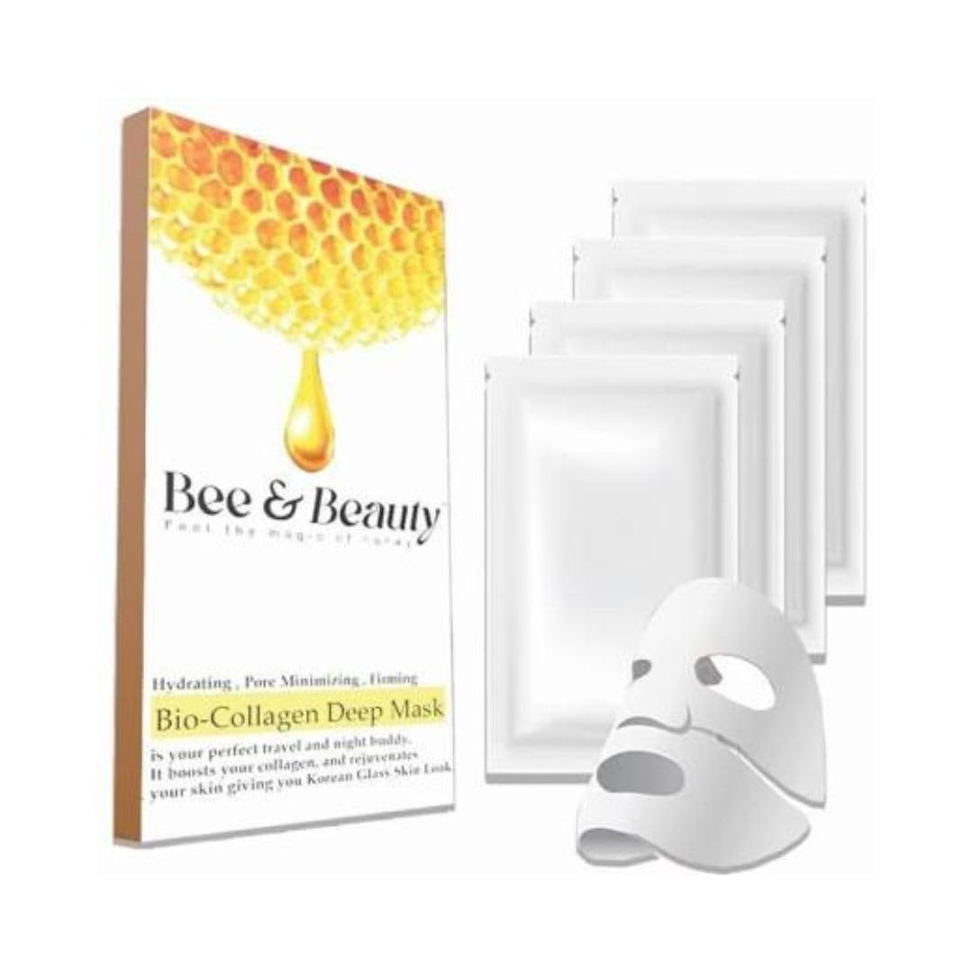 Bee & Beauty Bio Collagen Overnight Mask Pack of 4 | Korean Face Mask For Glass Skin | Sheet Mask For Deep Hydration, Pore minizmizing With Goodness Of Honey