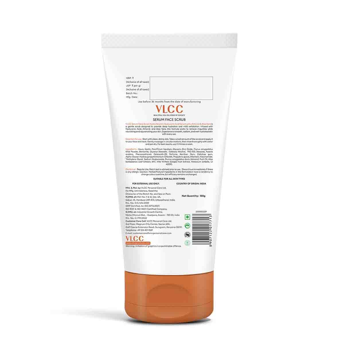 VLCC Hydra Nourish Scrub with Hyaluronic Acid Serum - 150g - AloeVera & Almond | Deep Hydrating & Exfoliating Face Scrub | Hydrates Skin, Reduces Dullness and Plumps Skin | Suitable for All Skin Types
