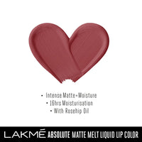 Lakmé Absolute Matte Melt Liquid Lip Color, Velvety Matte Finish, Longlasting For Up To 16 Hours, Transfer Proof, With Rosehip Oil, Liquid Lipstick - Pink Silk