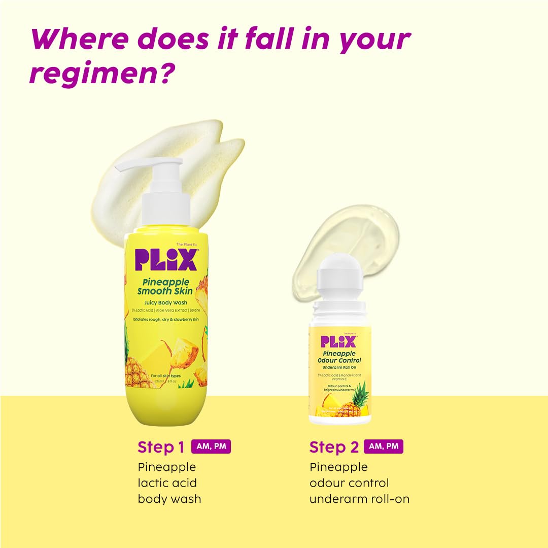 PLIX - THE PLANT FIX Pineapple Odour Control Underarm Roll-On (50Ml) With 5% Lactic Acid & 1% Mandelic Acid, Prevents Body Smell, Brightens Skin & Exfoliates Underarm, Alcohol Free - Lotion
