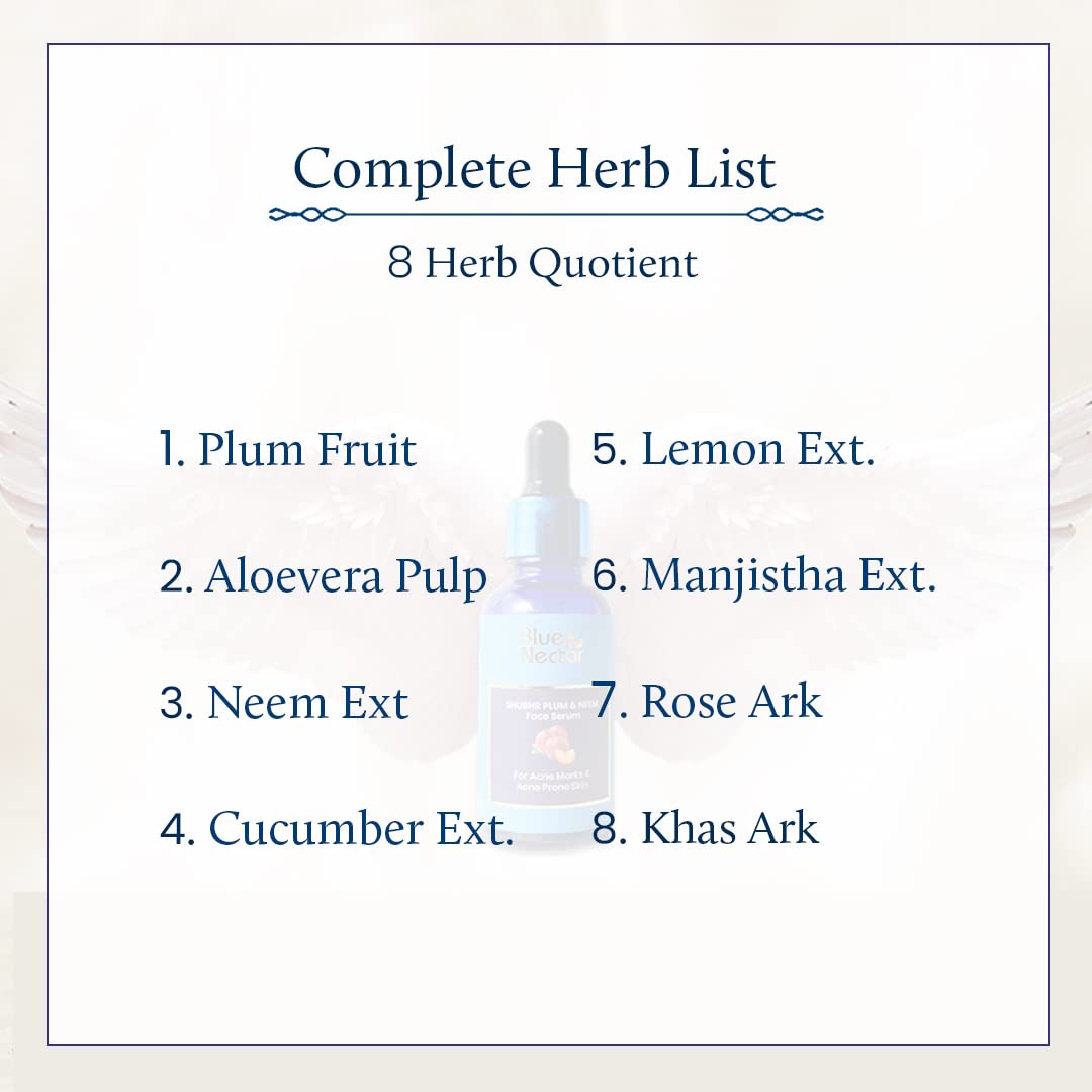 Blue Nectar Plum Face Serum for Acne Prone Skin and Acne Marks | Oil Free Anti Acne Serum for Oily Skin | Pore Minimizing Serum | With Plant Based Vitamin C (8 Herbs, 30ml)